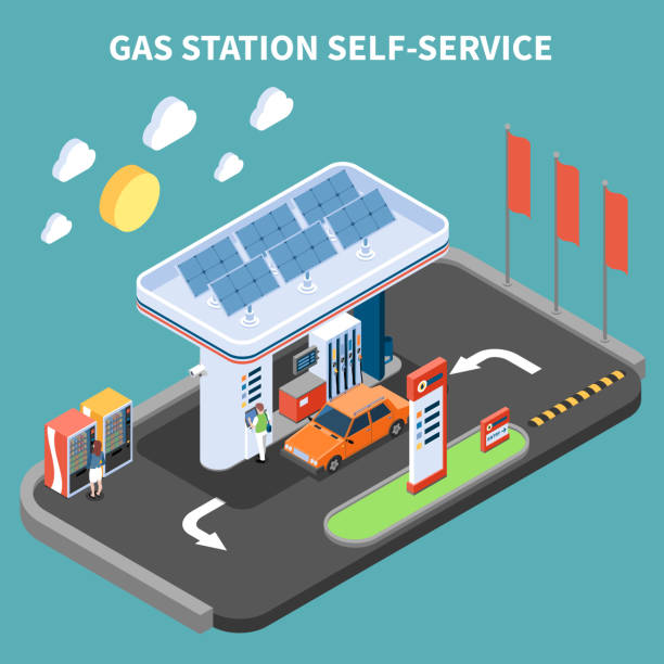 ilustrações de stock, clip art, desenhos animados e ícones de gas station isometric composition - isometric gas station transportation car