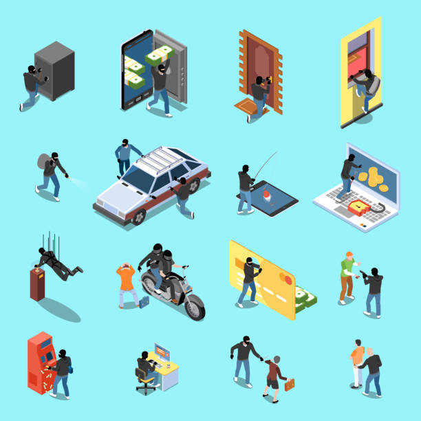 thief burglar robber isometric icons Thief during atm robbery car stealing internet fraud isometric icons on blue background isolated vector illustration burglar stock illustrations