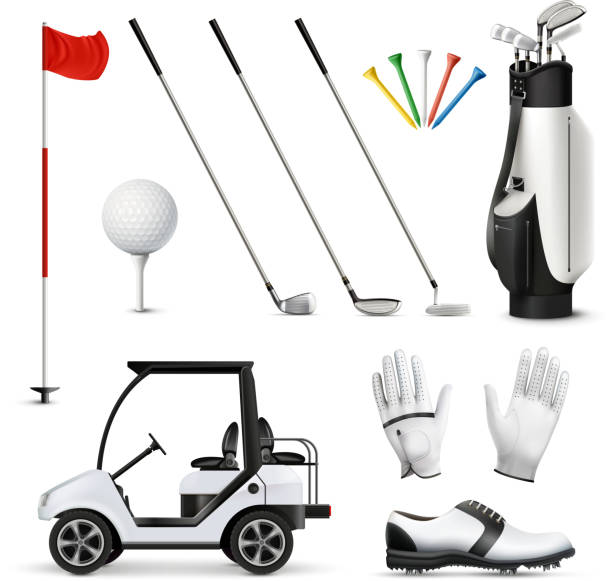 golf set realistic Realistic set of golf equipment and player garment isolated on white background vector illustration golf glove stock illustrations