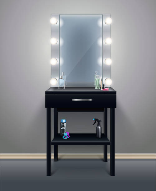 makeup mirror realistic transparent composition Professional makeup mirror with turned on lights in empty room realistic composition vector illustration backstage mirror stock illustrations