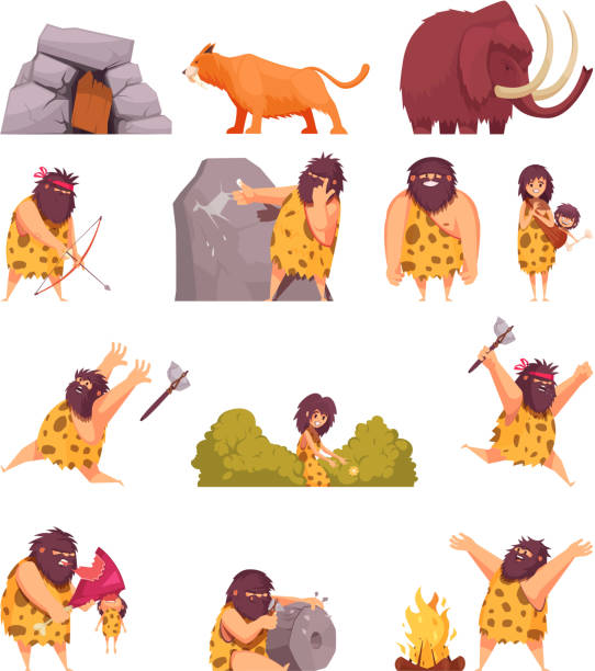 stone age primitive man caveman set Primitive people  in stone age cartoon icons set with cavemen pelt with weapon and ancient animals isolated vector illustration tusk stock illustrations