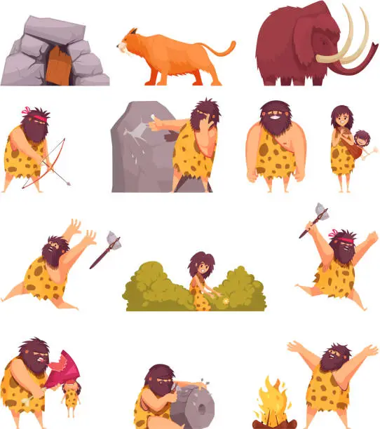 Vector illustration of stone age primitive man caveman set