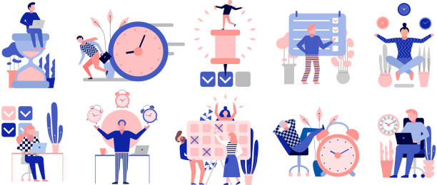 planning schedule set Effective time management symbols flat elements set with tasks planning training activities schedule checkpoints isolated vector illustration clock illustrations stock illustrations