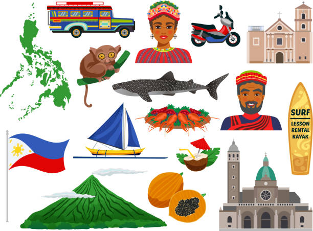 philippines travel tour set Philippines set of travel icons with animals landmarks traditional food and national costumes isolated vector illustration national capital region philippines stock illustrations