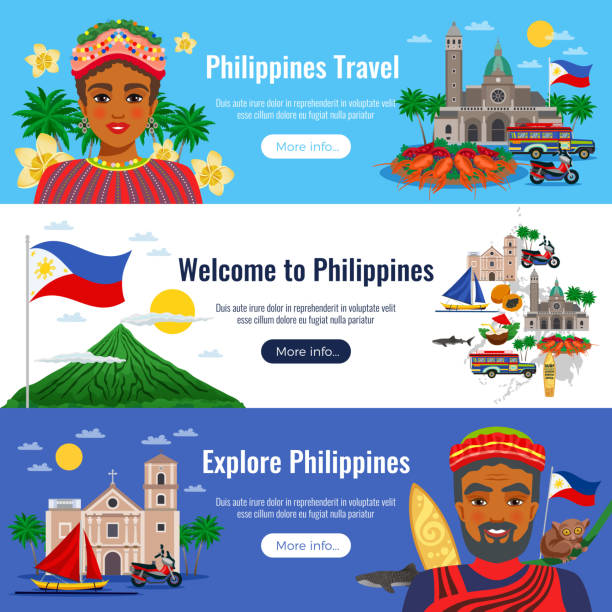 philippines banner Philippines set of horizontal banners with travel objects and landmarks on blue white background isolated vector illustration national capital region philippines stock illustrations