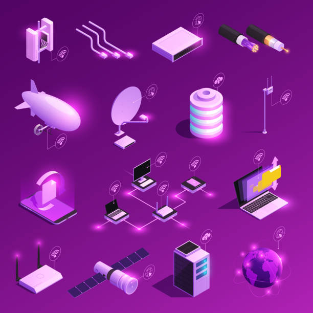 global network internet data transfer technology glow isometric Global network isometric glowing icons of equipment for internet technology isolated on purple background vector illustration access point router stock illustrations