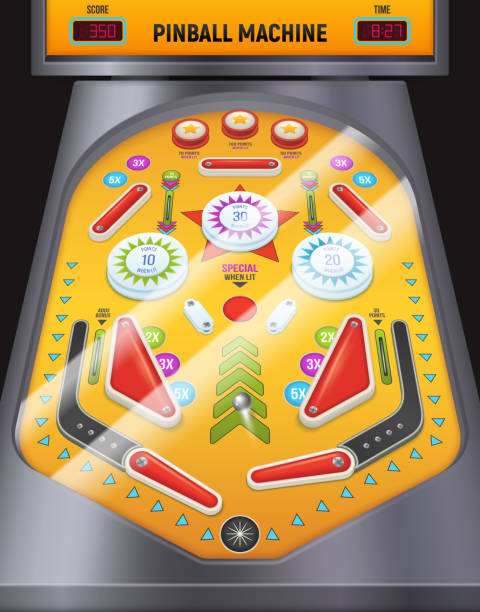 pinball machine Colored and cartoon pinball machine composition game machine in the entertainment center vector illustration eject button stock illustrations