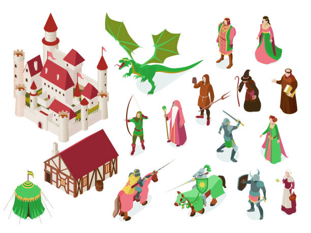 ilustrações, clipart, desenhos animados e ícones de conjunto de lendas do conto de fadas medieval isométrica - dragon fantasy knight warrior