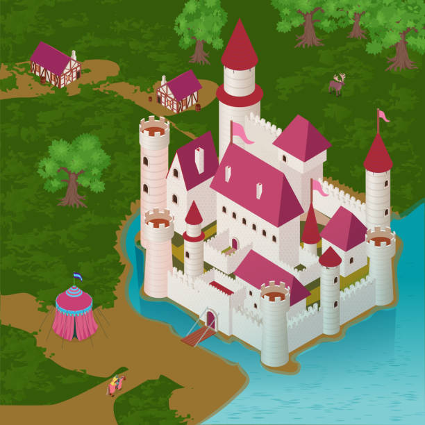 ilustraciones, imágenes clip art, dibujos animados e iconos de stock de ilustración isométrica del castillo medieval - castle fairy tale palace forest