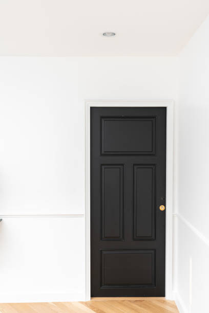 istock Black classic detail door with gold stainless handle with white painted wall / interior design 1201261714