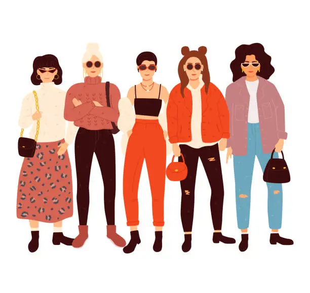 Vector illustration of Group of adorable women dressed in trendy clothes