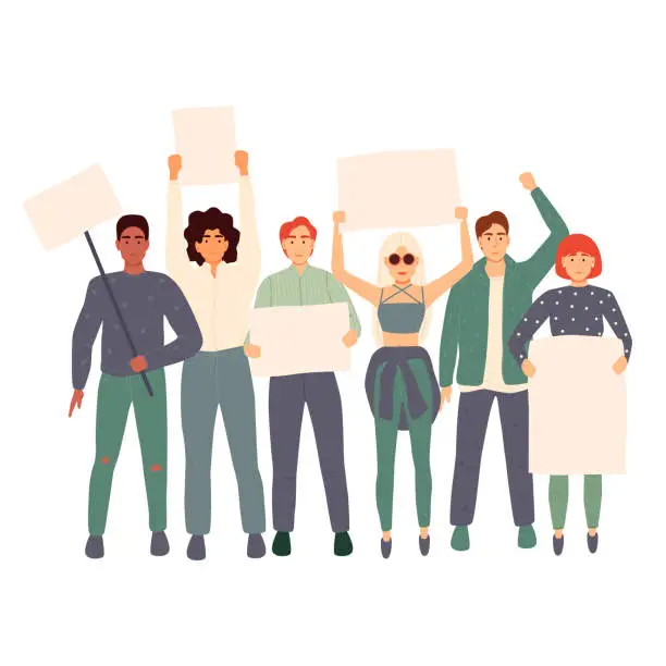 Vector illustration of Vector illustration, holding banners and posters. Men and women take part in political parades or rallies.