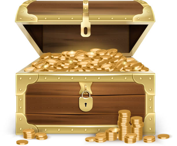 ilustrações de stock, clip art, desenhos animados e ícones de old wooden chest with coins realistic - coin box