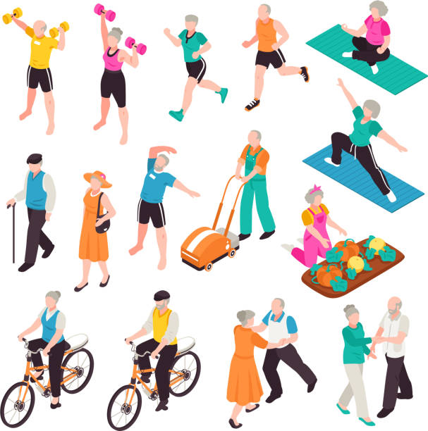ilustrações, clipart, desenhos animados e ícones de conjunto de idosos ativos isométricos - people recreational pursuit exercising physical activity