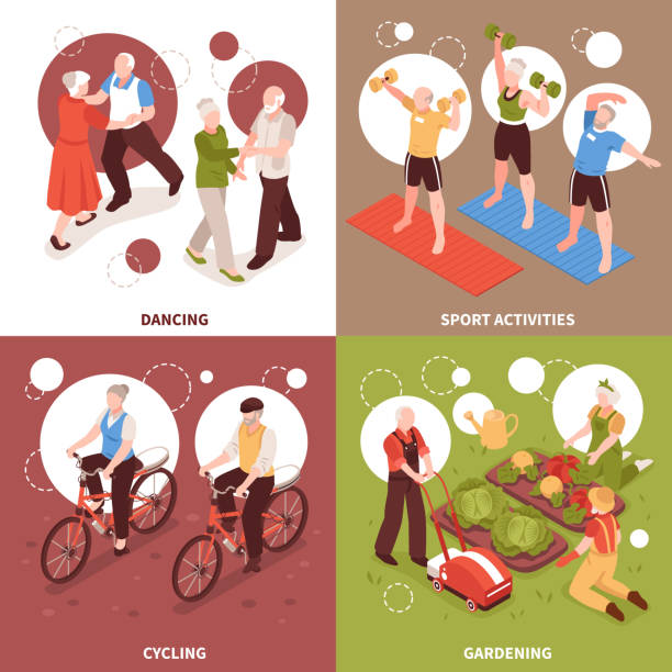 ilustrações, clipart, desenhos animados e ícones de conceito de design de idosos ativos isométricos - people recreational pursuit exercising physical activity