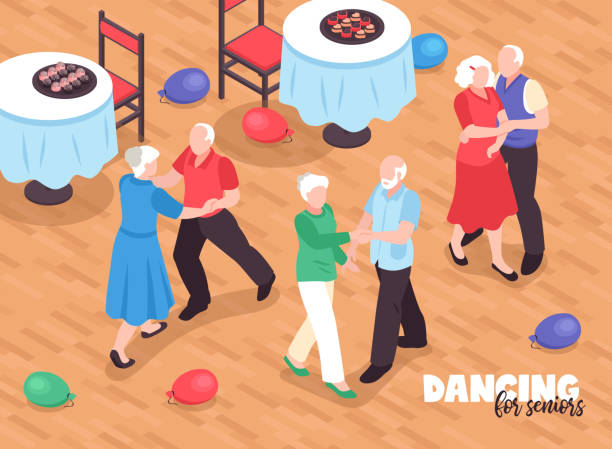 isometric active senior people dance club illustration Active elderly people dancing background with active lifestyle symbols isometric  vector illustration old people dancing stock illustrations