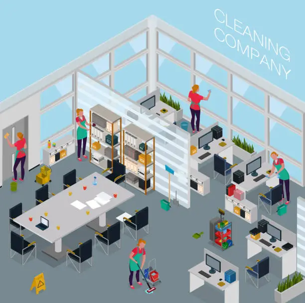 Vector illustration of isometric cleaning service office illustration