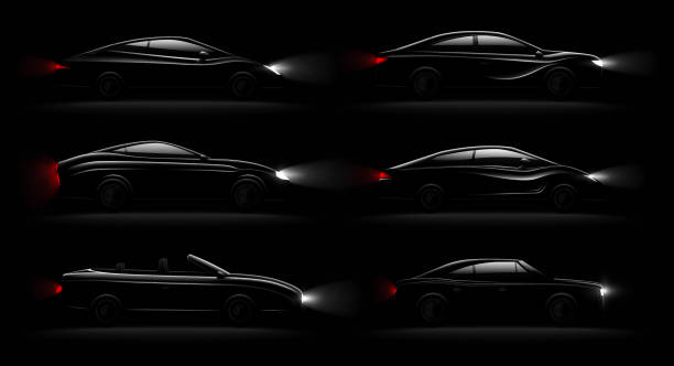 ilustrações, clipart, desenhos animados e ícones de carros iluminados em conjunto realista escuro - sedan black luxury car