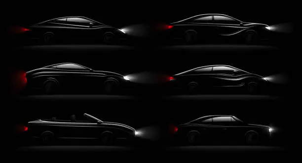 Vector illustration of lightened cars in dark realistic set