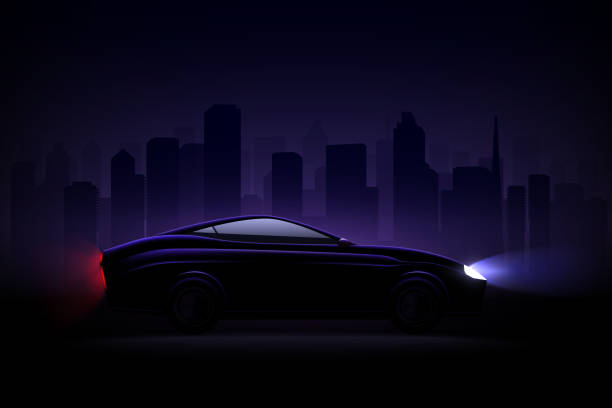 lightened car night city realistic composition Lightened luxury sedan car against night city background with headlamps and rear tail lights lit vector illustration car classic light tail stock illustrations