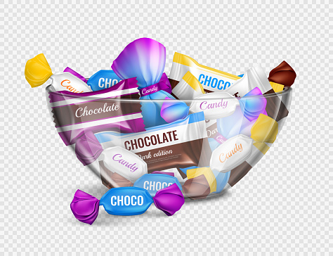 Assorted chocolate candies in foil wrappings in glass bowl realistic advertising composition against transparent background vector illustration