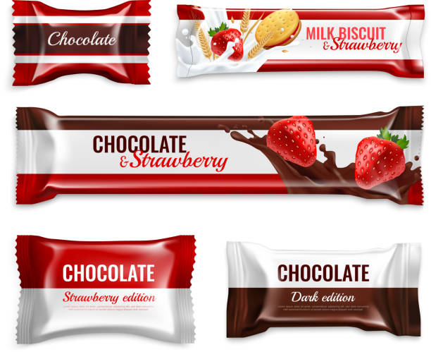 ilustrações, clipart, desenhos animados e ícones de design de embalagem de doces realista - chocolate candy bar chocolate candy foil