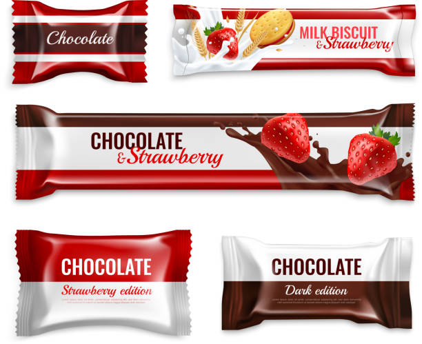 candy packaging design realistic Chocolate candies and biscuits realistic packaging design set with delicious milk strawberry ingredients colorful isolated vector illustration pics of a bewitched stock illustrations