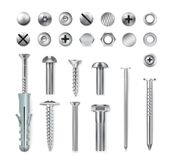 металлические винты болты ногти реалистичный набор - bolt nut washer fastening stock illustrations