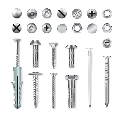 Set of realistic metal fastening items screws bolts nuts nails isolated on white background vector illustration