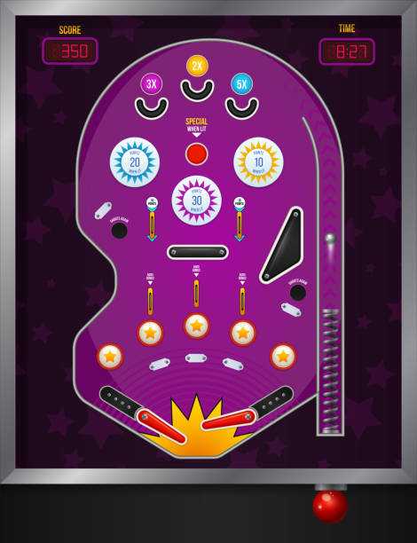 pinball illustration Cartoon and violet pinball composition top view with electronic elements vector illustration pinball machine stock illustrations