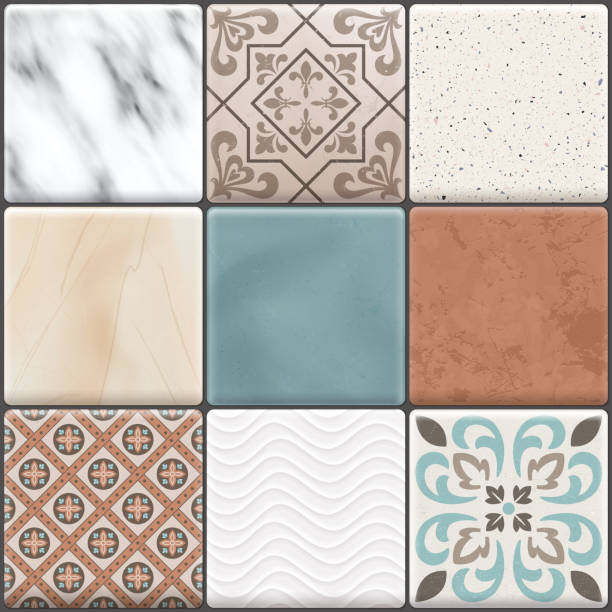 realistic ceramic floor tiles set Colored realistic ceramic floor tiles icon set different types colors and patterns vector illustration bathroom patterns stock illustrations