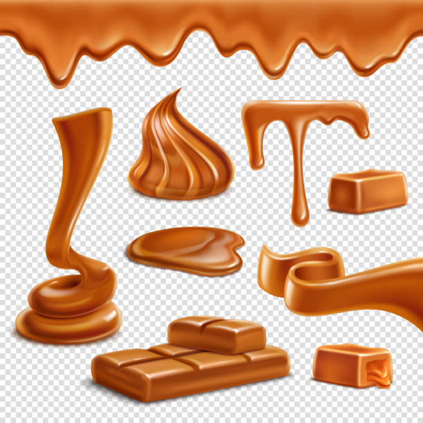 stockillustraties, clipart, cartoons en iconen met zoete karamel toffee realistische transparante set - caramel