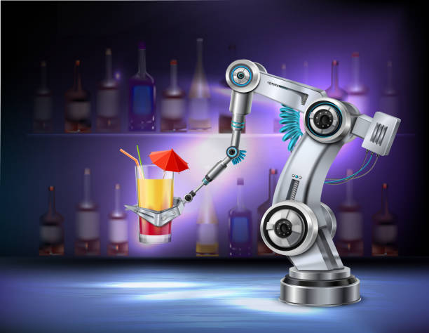 robotic arm realistic composition Robotic arm serving cocktail at bar cafe restaurant realistic composition with wine bottles in background vector illustration robot wires stock illustrations