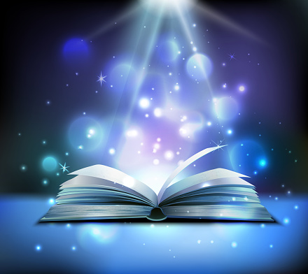 Opened magic book realistic image with bright sparkling light rays illuminating pages floating balls dark background vector illustration