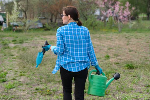 female gardener holding watering can and garden tools - water cannon imagens e fotografias de stock