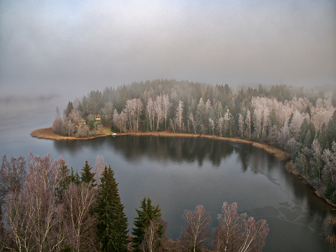 morning view of the lake, amazing landscape, drone point of view, morning light, Fog winter landscape at lake