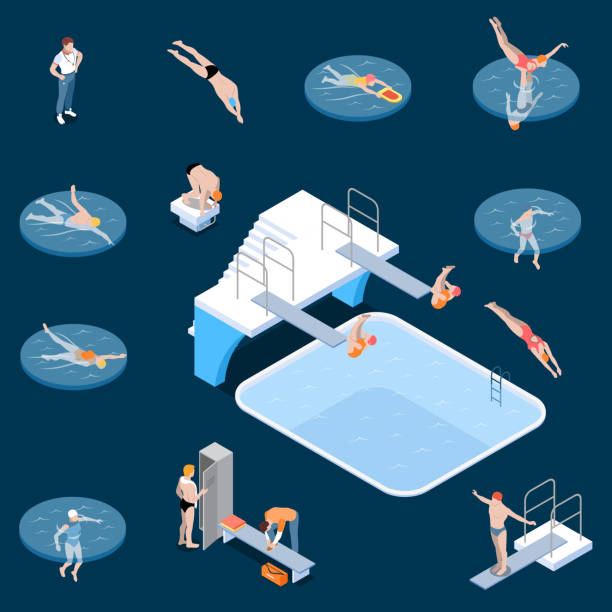 illustrazioni stock, clip art, cartoni animati e icone di tendenza di piscina pubblica isometrica set - synchronized swimming swimming sport symmetry
