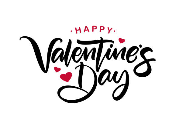 glücklicher valentinstag. handschriftliche kalligraphische schriftzüge mit roten herzen. - valentinstag stock-grafiken, -clipart, -cartoons und -symbole