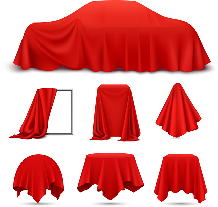 Red silk cloth covered objects realistic set with draped frame car hanging napkin tablecloth curtain vector illustration