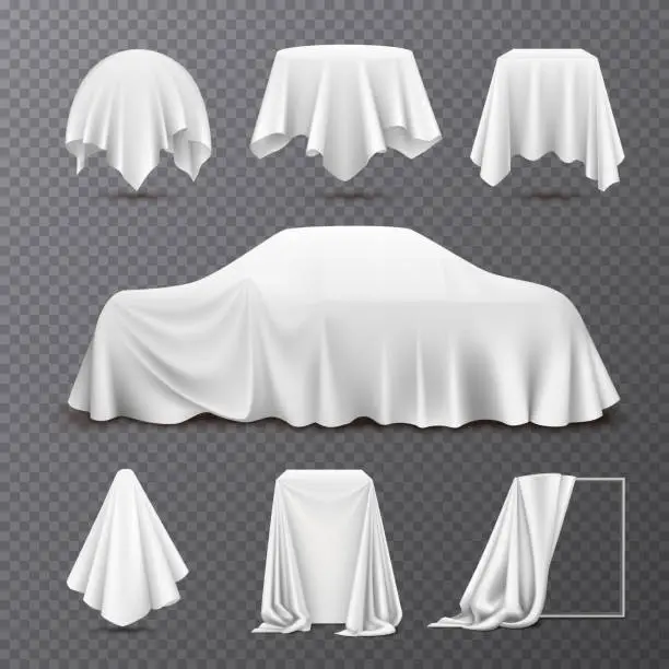 Vector illustration of silk cloth covered objects realistic transparent set