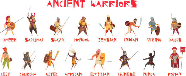ancient warriors horizontal set Ancient warriors set with national weapons flat isolated vector illustration mongolian ethnicity stock illustrations
