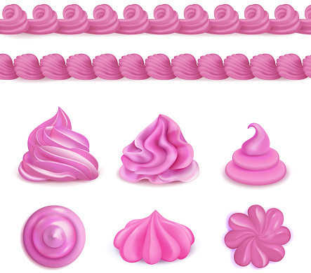 Whipped pink cream dessert decorations top side views realistic set with seamless border and swirls vector illustration