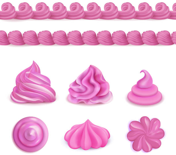 whipped cream color realistic set Whipped pink cream dessert decorations top side views realistic set with seamless border and swirls vector illustration icing stock illustrations