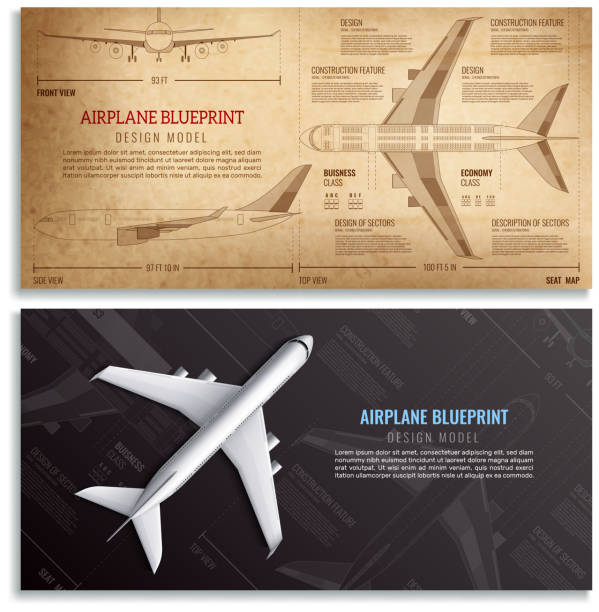 airplane realistic banners Airplane blueprint two horizontal banners with dimensioned drawing of passenger aircraft realistic vector illustration airport designs stock illustrations