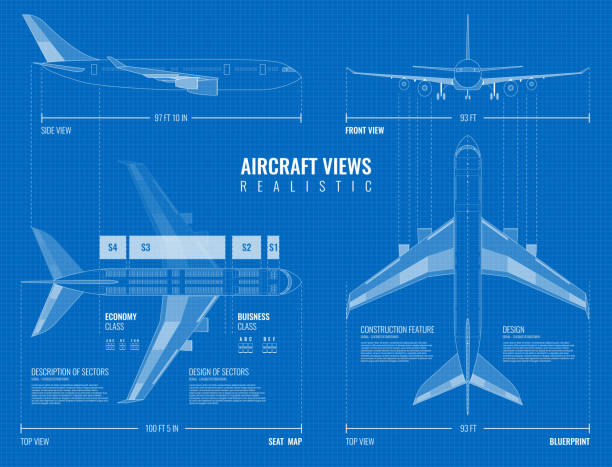 airplane blueprint drawing set Aviation industrial dimensioned drawing blueprint of outline airplane top side and front views realistic vector illustration airport patterns stock illustrations