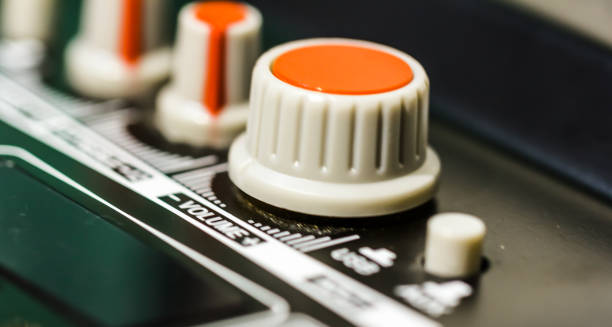 istock Volume control sound audio mixer console. close up 1201267132