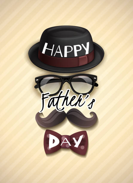 happy fathers day vertical card Happy fathers day greeting card with funny vertical composition of hat glasses mustache bow tie vector illustration funny fathers day stock illustrations