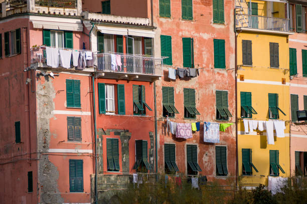 Laundry is strung along a colorful wall in Vernazza, one of five ancient villages that make up Italy's Cinque Terre on the Ligurian coast