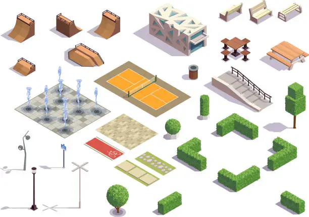 Vector illustration of modern city and park infrastructure isometric set