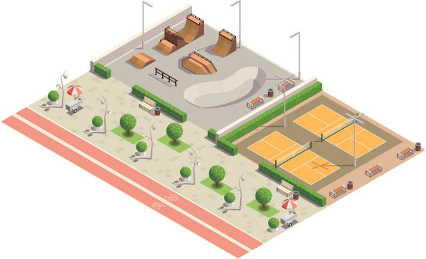 illustrazioni stock, clip art, cartoni animati e icone di tendenza di moderna città e parco infrastruttura composizione isometrica - skateboard court